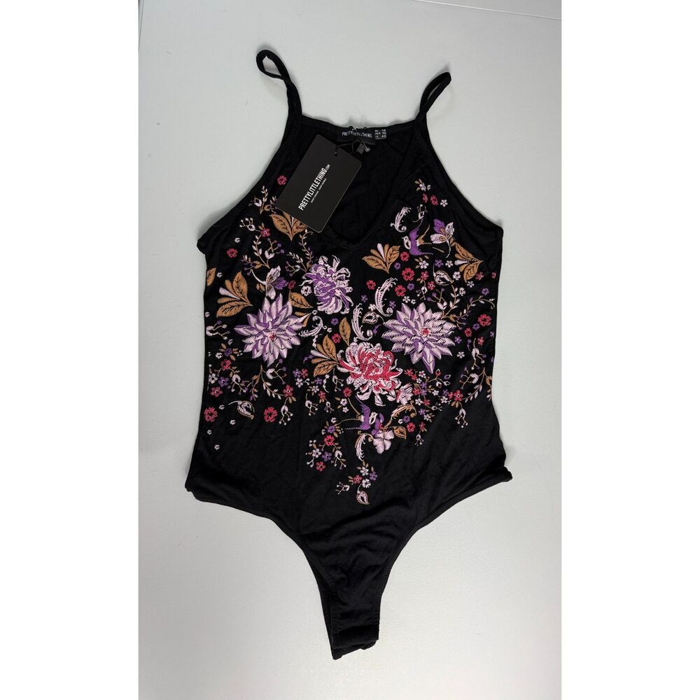 PrettyLittleThing Women's Bodysuit Black Floral Size 10 - New With Tags